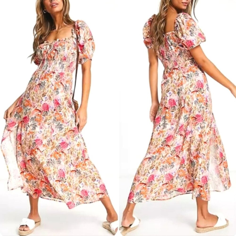 & Other Stories puff sleeve midi floral cottagecore smocked summer dress size 10